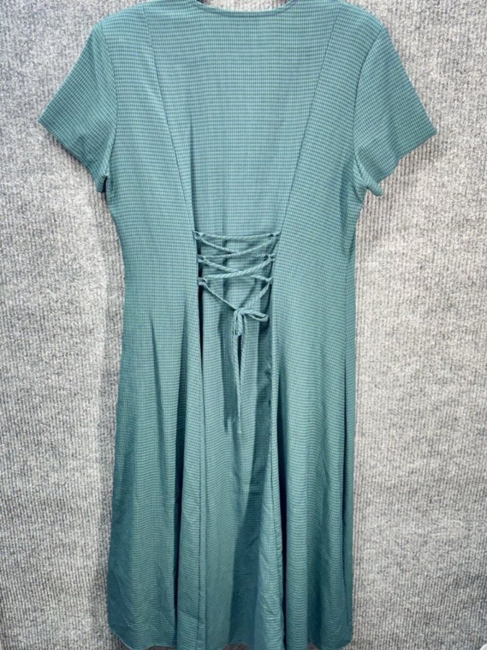 Vintage DBY Dress Womens 11 Green Blue Gingham Midi Sheath Button Front Tie Back - Picture 2 of 9